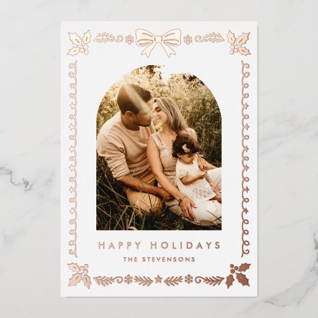 Elegant Coquette Bow Frame Happy Holidays Foil Holiday Card (Front)