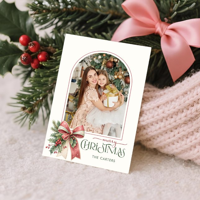 Elegant Coquette Bow Merry Christmas Arch Photo Holiday Card (Creator Uploaded)