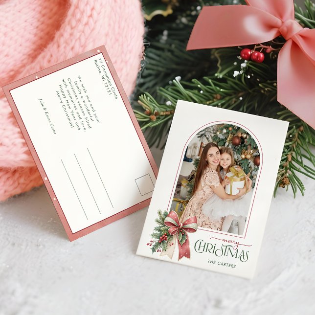 Elegant Coquette Bow Merry Christmas Arch Photo Holiday Postcard (Creator Uploaded)