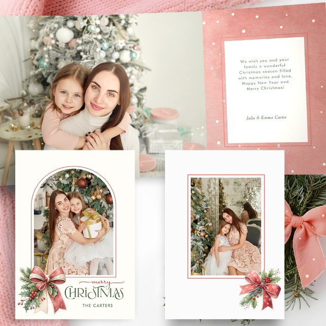 Elegant Coquette Bow Merry Christmas Arch Photo Tri-Fold Card (Creator Uploaded)
