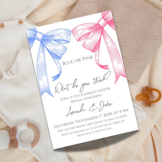 Elegant Coquette Bows Blue Pink Gender Reveal Invitation (Creator Uploaded)