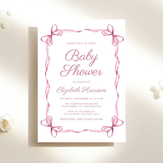 Elegant Coquette Bows Pink Baby Girl Shower Invitation (Celebrate the upcoming arrival of your baby girl with a vintage-inspired coquette bows baby shower)