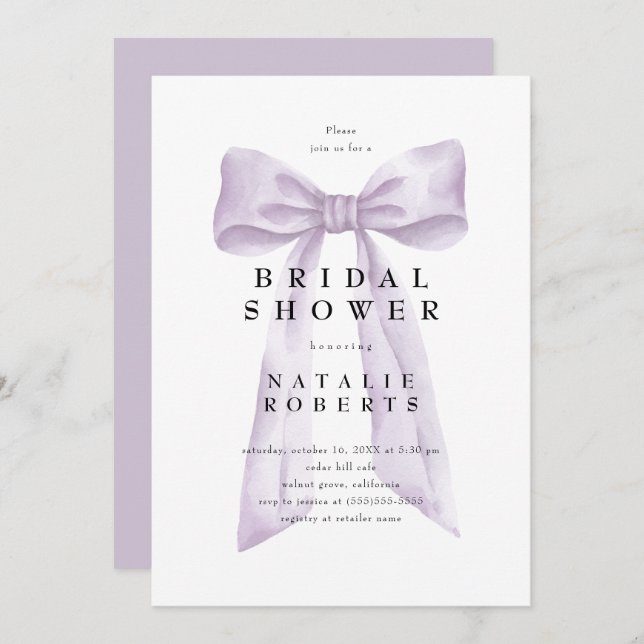 Elegant Coquette Dusty Purple Bow Bridal Shower Invitation (Front/Back)
