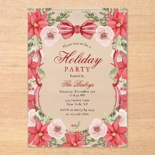 Elegant Coquette Floral Christmas Holiday Party Acrylic Invitations