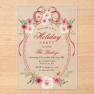 Elegant Coquette Floral Christmas Party Acrylic Invitations