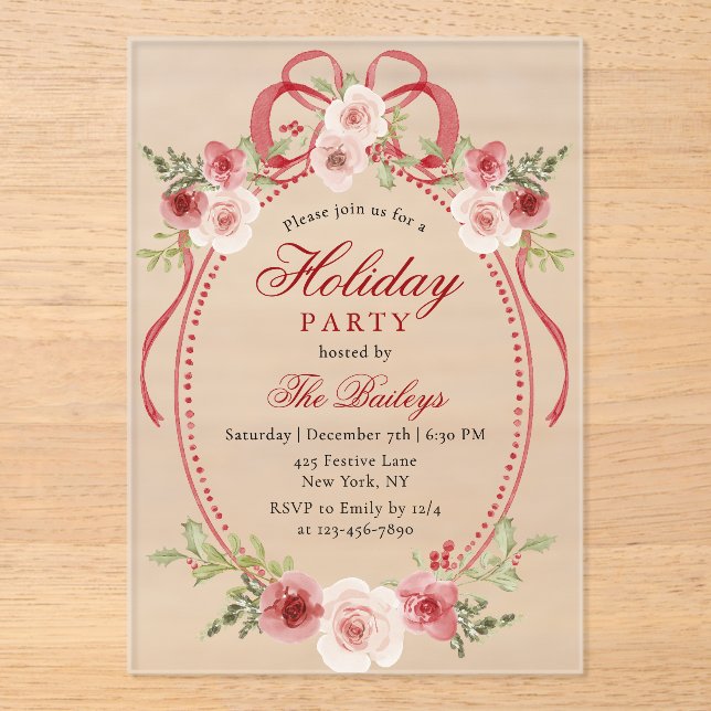 Elegant Coquette Floral Christmas Party Acrylic Invitations (Front)