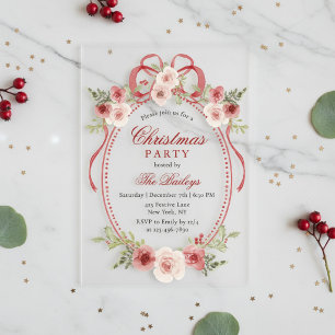 Elegant Coquette Floral Christmas Party Acrylic Invitations