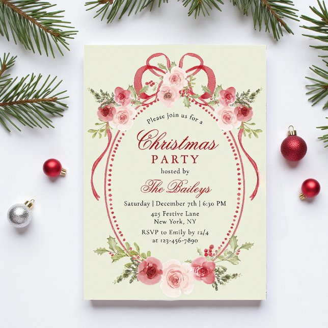 Elegant Coquette Floral Christmas Party Acrylic Invitations (Creator Uploaded)