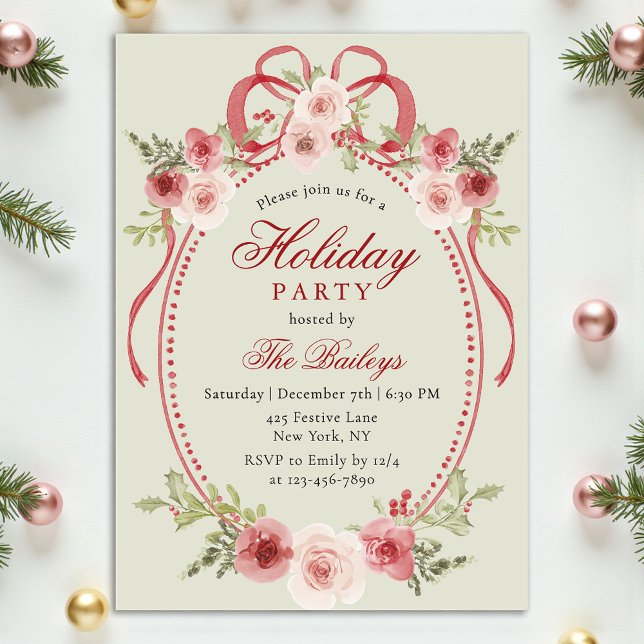 Elegant Coquette Floral Christmas Party Acrylic Invitations (Creator Uploaded)