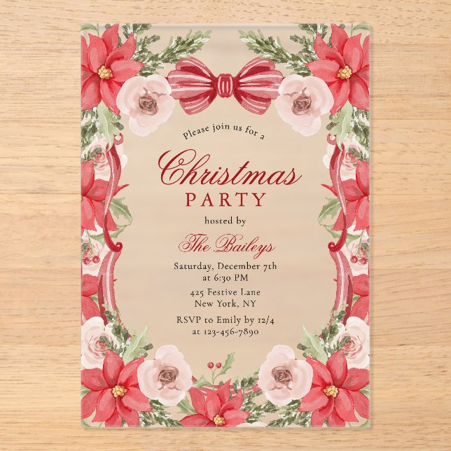 Elegant Coquette Floral Christmas Party Acrylic Invitations (Front)