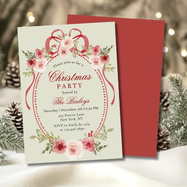 Elegant Coquette Floral Christmas Party Invitation (Creator Uploaded)