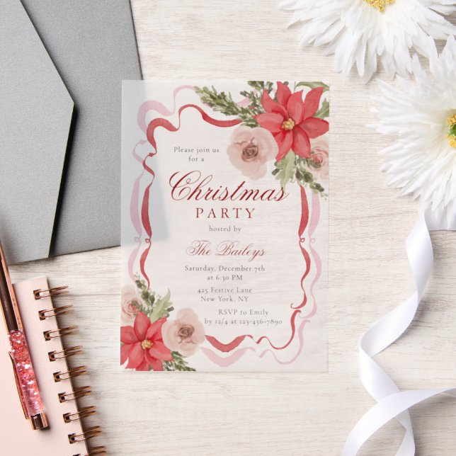 Elegant Coquette Floral Christmas Party Vellum Invitations (Wedding)