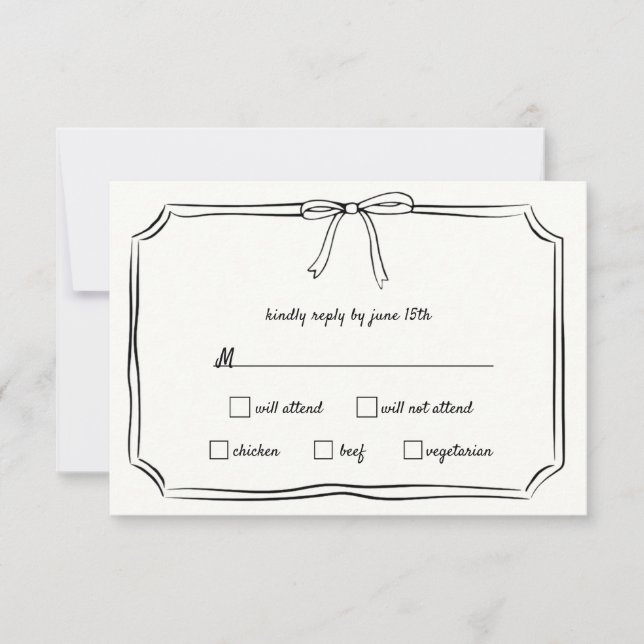 Elegant Coquette Hand-Drawn Bow Timeless Wedding RSVP Card (Front)