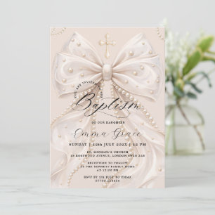 Elegant Coquette Pearl Bow Baptism Invitation