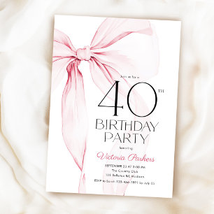 Elegant Coquette Pink Bow 40th Birthday Invitation