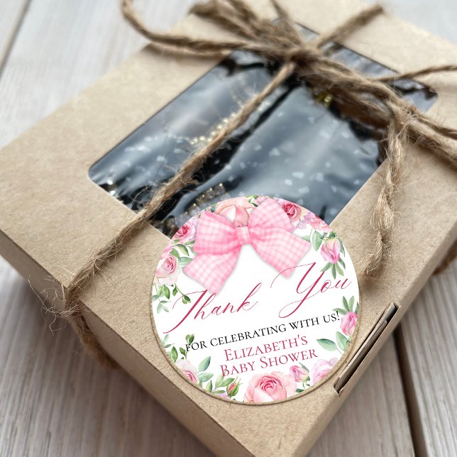 Elegant Coquette Pink Bow and Roses Thank You Classic Round Sticker (Creator Uploaded)