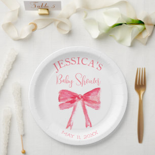 Elegant Coquette Pink Bow Baby Shower Girl Paper Plate