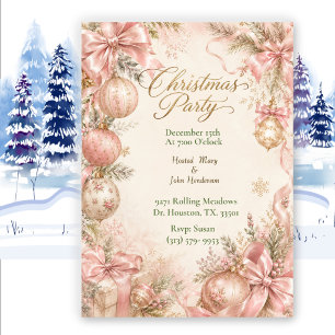 Elegant Coquette Pink Bow Christmas Party Invitation