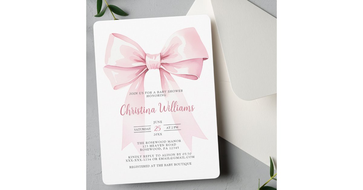Elegant Coquette Pink Bow Girl Baby Shower Invitation | Zazzle