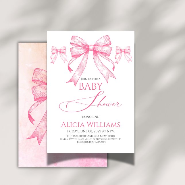 Elegant Coquette Pink Bow Retro Girl Baby Shower Invitation (Creator Uploaded)