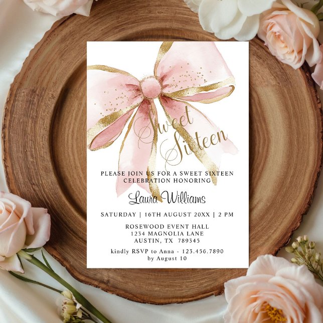 Elegant Coquette Pink & Gold Bow Sweet Sixteen Invitation (Elegant Pink and gold Coquette bow Sweet Sixteen Birthday Invitaiton)