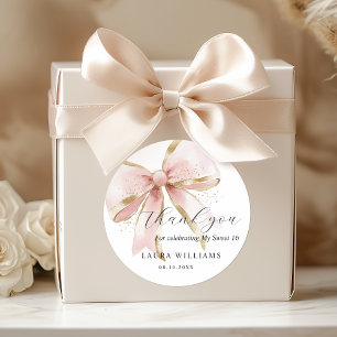 Elegant Coquette Pink Gold Bow Thank you Sweet 16 Classic Round Sticker