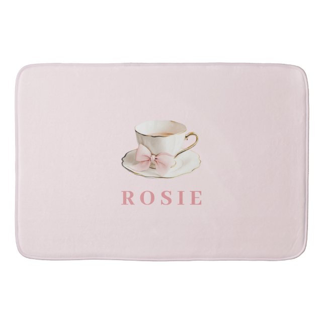 Elegant Coquette Preppy Pink Teacup with Bow Bath Mat (Front)