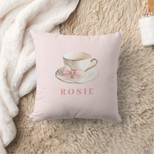 Elegant Coquette Preppy Pink Teacup with Bow Cushion