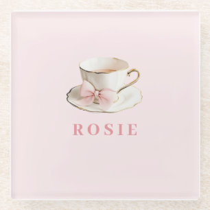 Elegant Coquette Preppy Pink Teacup with Bow Glass Coaster