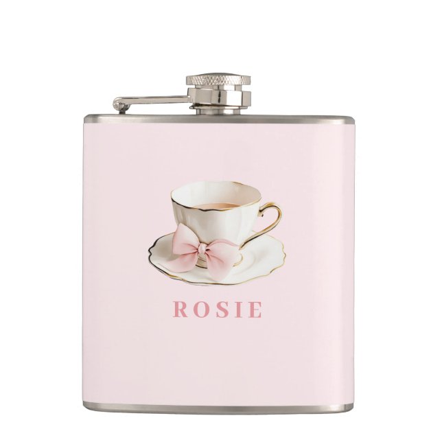 Elegant Coquette Preppy Pink Teacup with Bow Hip Flask (Front)