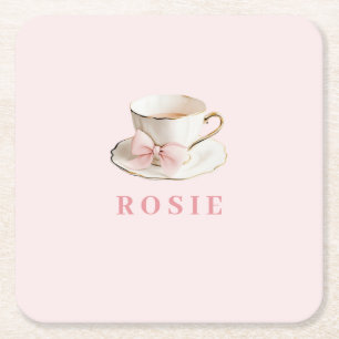 Elegant Coquette Preppy Pink Teacup with Bow Square Paper Coaster