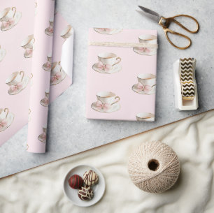 Elegant Coquette Preppy Pink Teacup with Bow Wrapping Paper