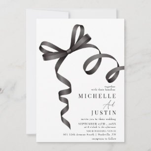 Elegant Coquette Ribbon Bow Black White Wedding Invitation