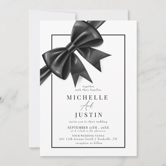 Elegant Coquette Ribbon Bow Black White Wedding Invitation (Front)