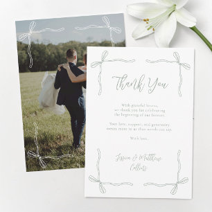 Elegant Coquette Sage Green Bow Photo Wedding Thank You Card