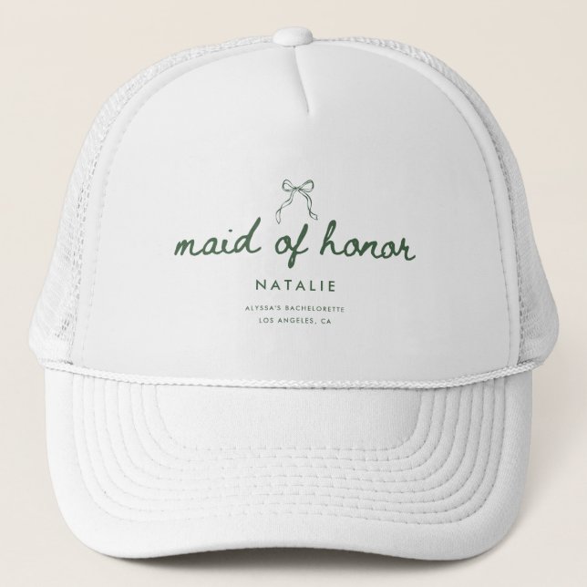 Elegant Coquette Script Maid of Honour's Name Trucker Hat (Front)