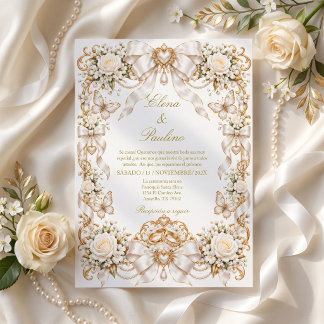 Elegant Coquette Wedding, White Satin bow Invitation