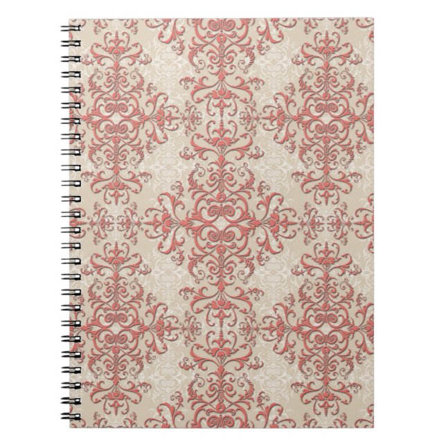 Elegant Coral and Antique White Damask Pattern Notebook (Front)