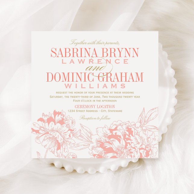 Elegant Coral and Gold Floral Peony Wedding Invitation (Creator Uploaded)