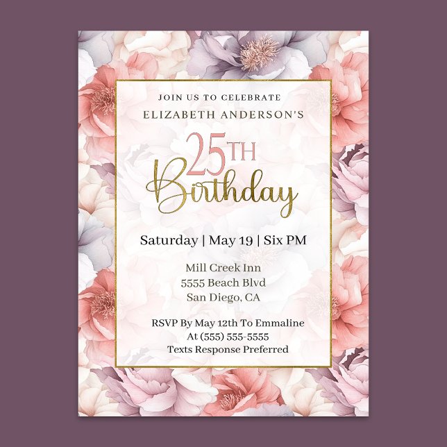 Elegant Coral and Lavender Peony 25th Birthday  Invitation (Creator Uploaded)