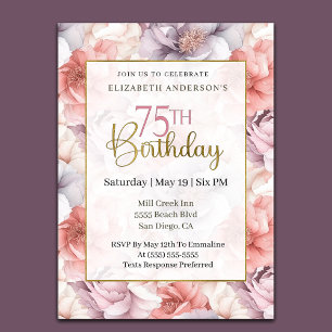 Elegant Coral and Lavender Peony 75th Birthday  Invitation