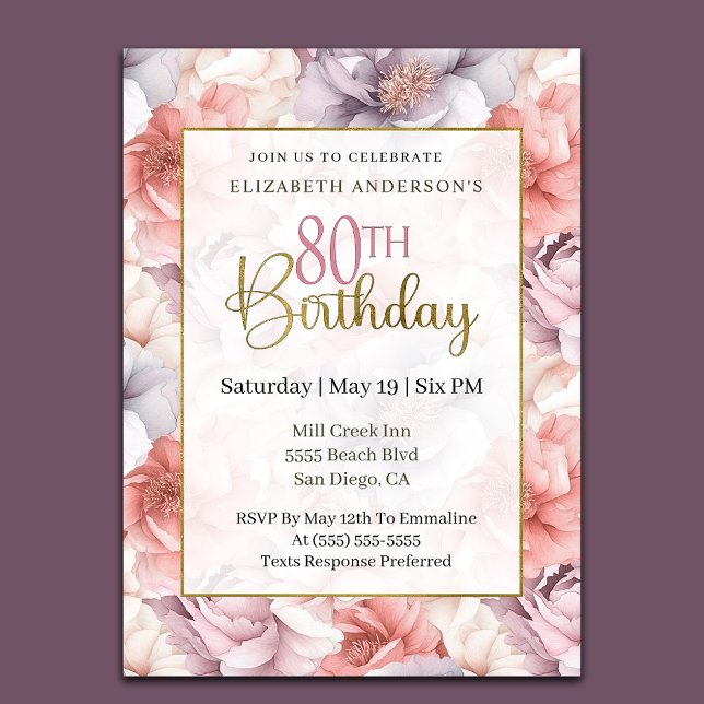 Elegant Coral and Lavender Peony 80th Birthday  Invitation (Creator Uploaded)
