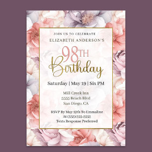Elegant Coral and Lavender Peony 98th Birthday  Invitation