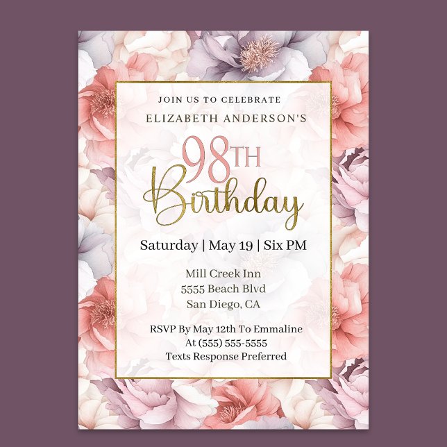 Elegant Coral and Lavender Peony 98th Birthday  Invitation (Creator Uploaded)