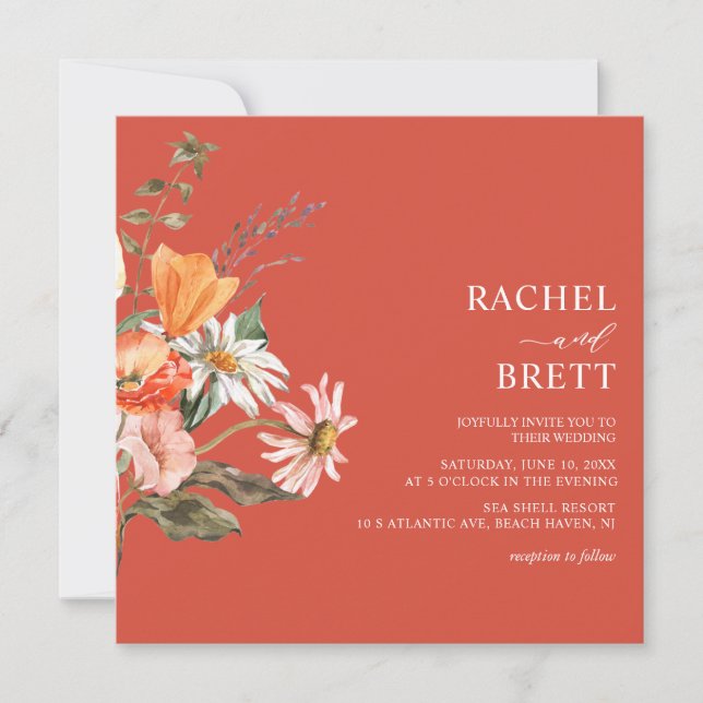 Elegant Coral and Pink Floral Wedding Invitation (Front)