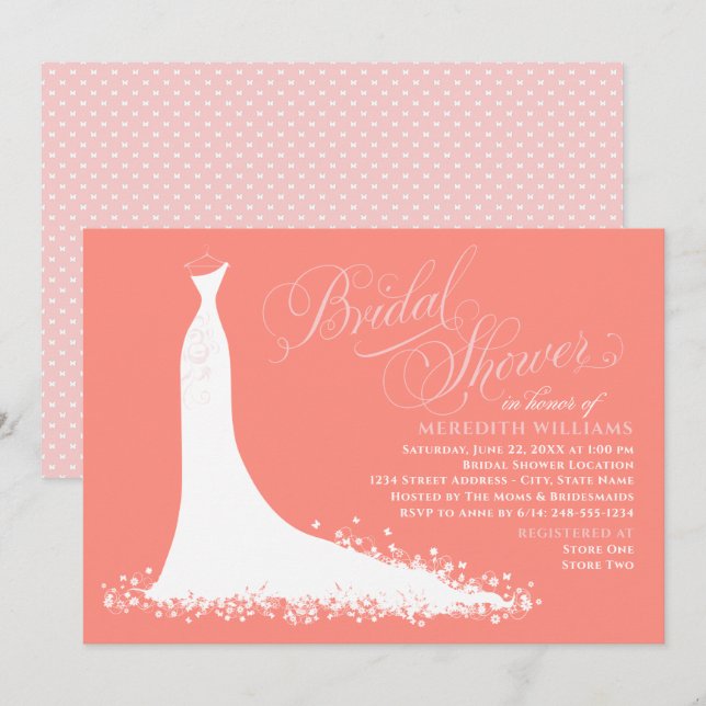 Elegant Coral and Pink Wedding Gown Bridal Shower Invitation (Front/Back)