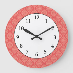 Elegant Coral And White  Damask Pattern Large Clock