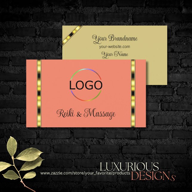 Elegant Coral Beige with Golden Stripes and Logo Business Card (Creator Uploaded)