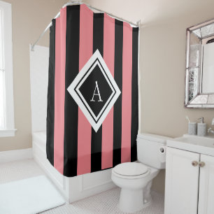 Elegant Coral Black Vertical Stripes Monogram Shower Curtain