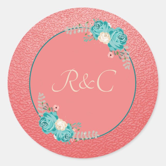 Elegant Coral Blue Flowers Classic Round Sticker (Front)